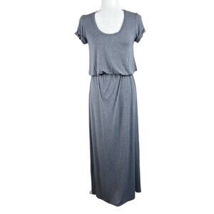 Lanston Blue Peplum Micro Stripe Short Sleeve Scoop Neck Slit Maxi Dress XS